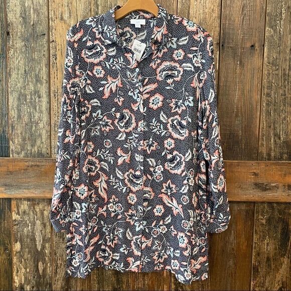 J. Jill XS NWT Sheer Black Floral Button Rayon Flowy Relaxed Tunic - Picture 2 of 11